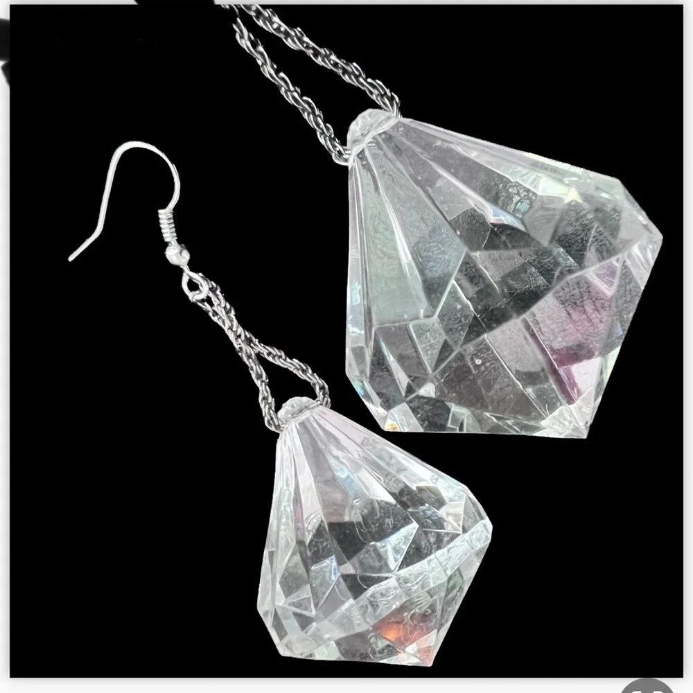 Wowza Giant Retro Faux Crystal Diamond Dangle Earrings GoGo Vintage Showstopper